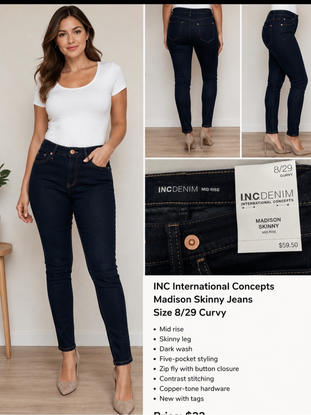 INC International Concepts Madison Skinny Jeans Size 8/29 Curvy Dark Wash NWT